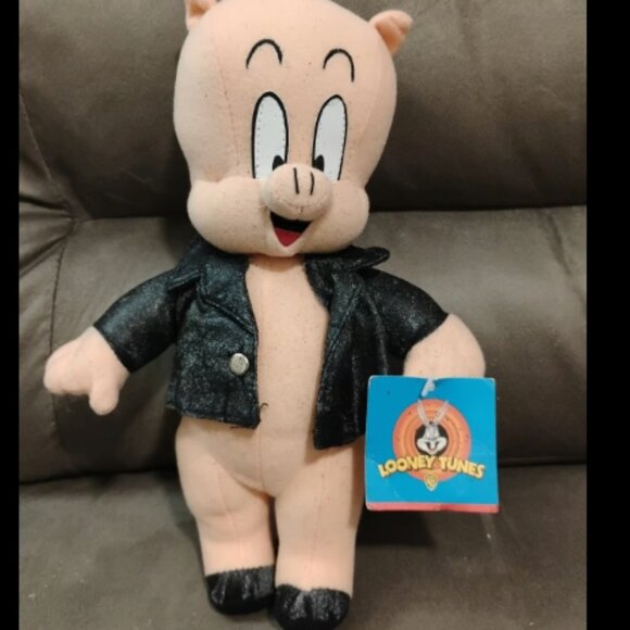 Porky Pig Looney Tunes Stuffed Animal Plush with Black Leather Jacket, SEE DESC - Picture 6 of 12
